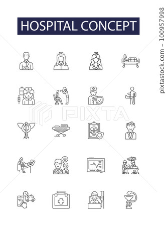 Hospital concept line vector icons and signs. Care, Treatment, Medicine, Surgery, Physician, Doctor, Staff, Health outline vector illustration set 100957998