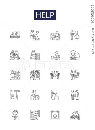 Help line vector icons and signs. Assist, Support, Guide, Backing, Facilitate, Resolve, Lend, Back outline vector illustration set Help line vector icons and signs. Assist, Support, Guide, Backing, Facilitate, Resolve, Lend, Back outline vector illustration set 100958001