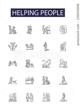 Helping people line vector icons and signs. Aid, Support, Cooperate, Facilitate, Empower, Counsel, Ease, Relieve outline vector illustration set Helping people line vector icons and signs. Aid, Support, Cooperate, Facilitate, Empower, Counsel, Ease, Relieve outline vector illustration set 100958006