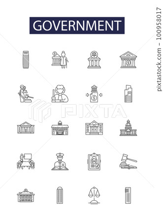 Government line vector icons and signs. Law, Administration, Bureaucracy, Sovereignty, Regulate, Authority, Power, Legislation outline vector illustration set 100958017