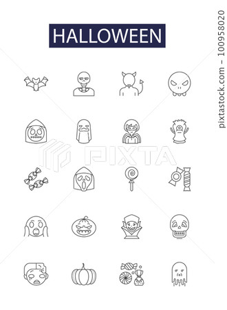 Halloween line vector icons and signs. Costume, Pumpkin, Ghost, Spooky, Trick-or-Treat, Witch, Festival, Horror outline vector illustration set Halloween line vector icons and signs. Costume, Pumpkin, Ghost, Spooky, Trick-or-Treat, Witch, Festival, Horror outline vector illustration set 100958020