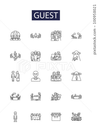 Guest line vector icons and signs. Invitee, Host, Traveller, Stranger, Tenant, Attendee, Tourist, Pilgrim outline vector illustration set 100958021
