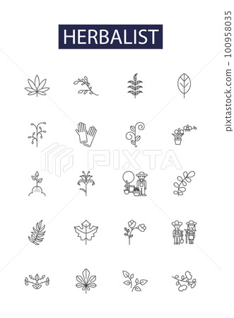 Herbalist line vector icons and signs. Herbalism, Herbs, Herbology, Botany, Medicinal, Plants, Remedies, Natural outline vector illustration set Herbalist line vector icons and signs. Herbalism, Herbs, Herbology, Botany, Medicinal, Plants, Remedies, Natural outline vector illustration set 100958035