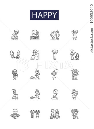 Happy line vector icons and signs. Joyful, Joyous, Gladsome, Mirthful, Blissful, Beaming, Appy, Grinning outline vector illustration set Happy line vector icons and signs. Joyful, Joyous, Gladsome, Mirthful, Blissful, Beaming, Appy, Grinning outline vector illustration set 100958040