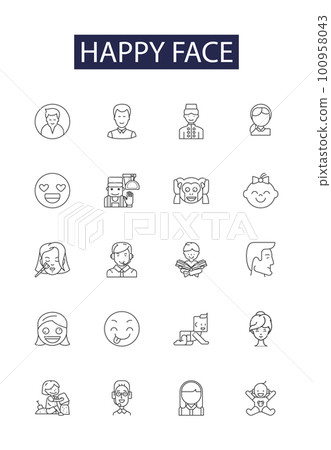 Happy face line vector icons and signs. Grinning, Joyful, Gleeful, Cheerful, Satisfied, Delighted, Jovial, Mirthful outline vector illustration set Happy face line vector icons and signs. Grinning, Joyful, Gleeful, Cheerful, Satisfied, Delighted, Jovial, Mirthful outline vector illustration set 100958043