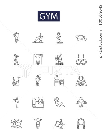 Gym line vector icons and signs. Exercise, Workout, Training, Aerobics, Lifting, Cardio, Gymnastics, Weights outline vector illustration set 100958045