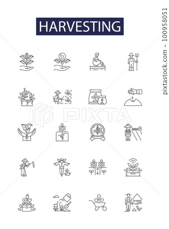Harvesting line vector icons and signs. Reap, Crop, Collect, Pluck, Winnow, Pick, Cull, Harvesting outline vector illustration set 100958051