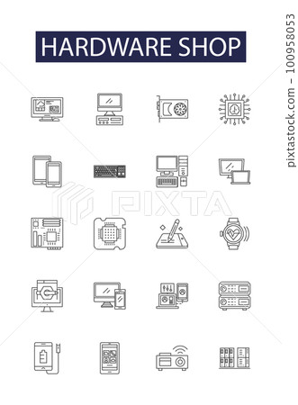 Hardware shop line vector icons and signs. Shop, Supplies, Tools, Building, Nuts, Bolts, Washers, Screws outline vector illustration set 100958053