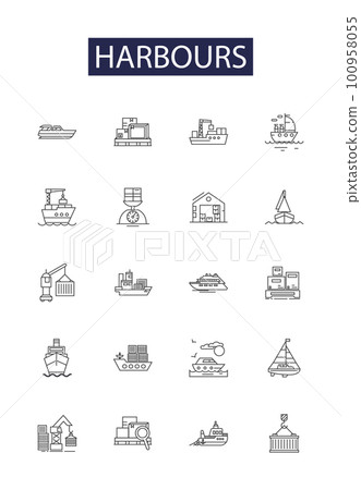 Harbours line vector icons and signs. Marinas, Wharfs, Jetties, Havens, Seaports, Quays, Pier, Anchorage outline vector illustration set 100958055