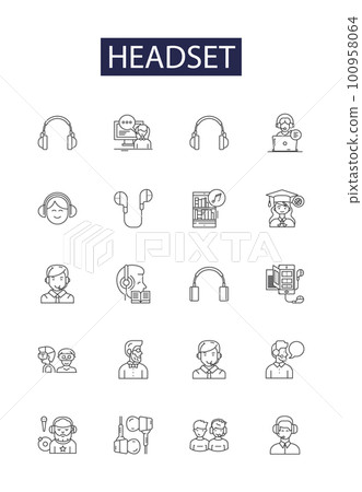 Headset line vector icons and signs. Earphones, Earbuds, Mic, Muff, Telephone, Phone, Listening, Orchestrate outline vector illustration set Headset line vector icons and signs. Earphones, Earbuds, Mic, Muff, Telephone, Phone, Listening, Orchestrate outline vector illustration set 100958064