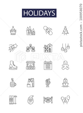 Holidays line vector icons and signs. Breaks, Retreats, Respite, Festivity, Celebrations, Getaways, Outings, Celebrates outline vector illustration set Holidays line vector icons and signs. Breaks, Retreats, Respite, Festivity, Celebrations, Getaways, Outings, Celebrates outline vector illustration set 100958070