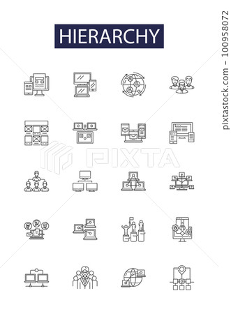 Hierarchy line vector icons and signs. Structure, Rank, Chain, Grade, Pyramid, Class, Regulatory, Division outline vector illustration set 100958072