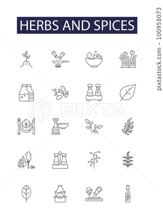 Herbs and spices line vector icons and signs. indian, herb, cooking, seasoning, food, red, spice,powder outline vector illustration set Herbs and spices line vector icons and signs. indian, herb, cooking, seasoning, food, red, spice,powder outline vector illustration set 100958073