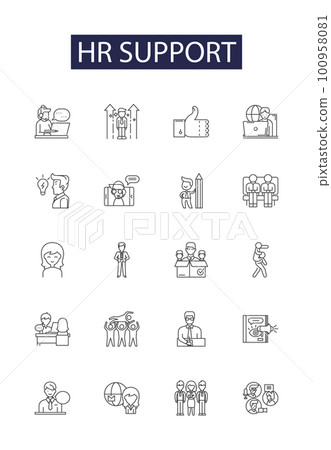 Hr support line vector icons and signs. Support, Recruiting, Training, Employee, Development, Benefits, Management, Policies outline vector illustration set 100958081