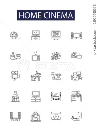 Home cinema line vector icons and signs. Surround, Theater, Sound, Speakers, Receiver, Film, Room, Streaming outline vector illustration set Home cinema line vector icons and signs. Surround, Theater, Sound, Speakers, Receiver, Film, Room, Streaming outline vector illustration set 100958098