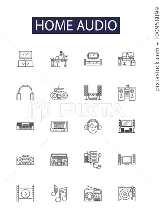 Home audio line vector icons and signs. Music, Receiver, Stereo, Amplifier, Subwoofer, Hi-fi, Turntable, Docking outline vector illustration set 100958099