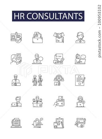 Hr consultants line vector icons and signs. Consultants, Recruiting, Outsourcing, Employer, Payroll, Training, Coaching, Analytics outline vector illustration set Hr consultants line vector icons and signs. Consultants, Recruiting, Outsourcing, Employer, Payroll, Training, Coaching, Analytics outline vector illustration set 100958102