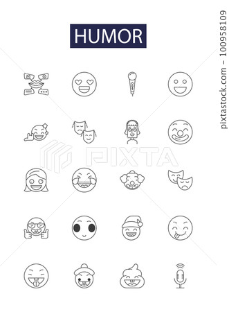 Humor line vector icons and signs. Gag, Jest, Witty, Mirth, Joke, Wit, Chuckle, Tease outline vector illustration set 100958109