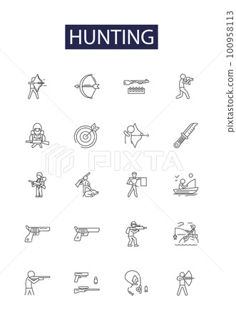 Hunting line vector icons and signs. Tracking, Prey, Stalking, Trailing, Pursuit, Sniping, Baiting, Chasing outline vector illustration set 100958113