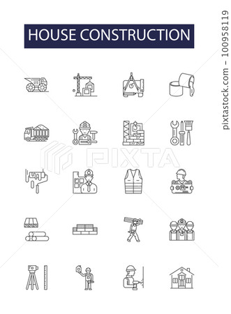 House construction line vector icons and signs. Constructing, Erecting, Frame, Framing, Masonry, Foundations, Walls, Roofing outline vector illustration set House construction line vector icons and signs. Constructing, Erecting, Frame, Framing, Masonry, Foundations, Walls, Roofing outline vector illustration set 100958119