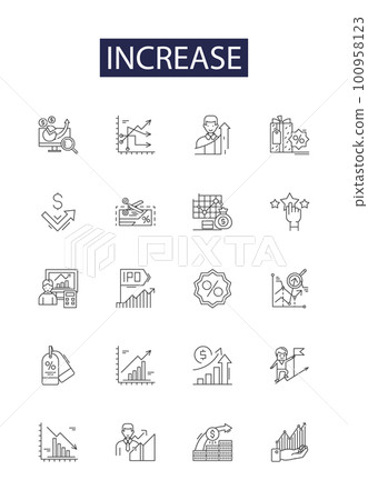 Increase line vector icons and signs. Accelerate, Amplify, Expand, Enhance, Advance, Augment, Uplift, Escalate outline vector illustration set 100958123