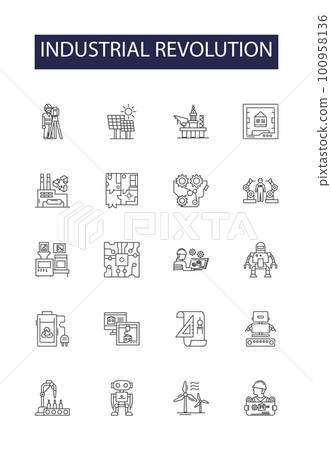 Industrial revolution line vector icons and signs. Revolution, Machines, Manufacturing, Capitalism, Agriculture, Steam, Cotton, Workers outline vector illustration set Industrial revolution line vector icons and signs. Revolution, Machines, Manufacturing, Capitalism, Agriculture, Steam, Cotton, Workers outline vector illustration set 100958136