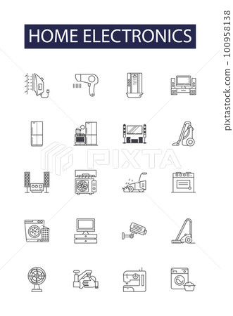Home electronics line vector icons and signs. Computers, Cameras, Fridges, Radios, Bluetooth, Printers, Washing, Speakers outline vector illustration set 100958138