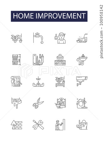Home improvement line vector icons and signs. Remodeling, Repairs, Decorating, Painting, Insulation, Plumbing, Flooring, Windows outline vector illustration set 100958142