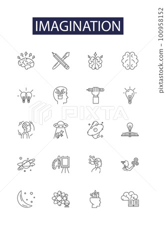 Imagination line vector icons and signs. dream, fantasy, concept, vision, thought, intuition, devise, contemplate outline vector illustration set 100958152