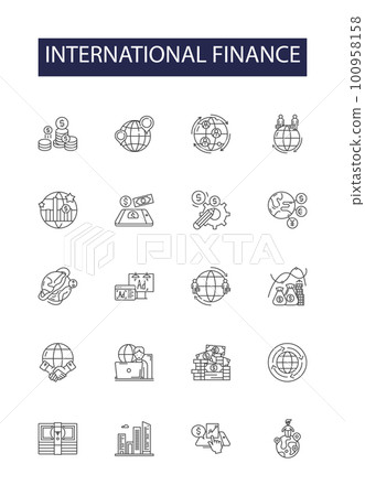 International finance line vector icons and signs. Banking, Forex, Investment, Exchange, Rates, Foreign, Trade, Capital outline vector illustration set 100958158