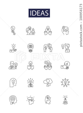 Ideas line vector icons and signs. Thoughts, Notions, Imagination, Proposals, Beliefs, Plans, Strategies, Vision outline vector illustration set 100958173