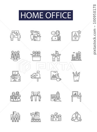 Home office line vector icons and signs. Desk, Office, Chair, Computer, Printer, Storage, Shelves, Writing outline vector illustration set 100958178