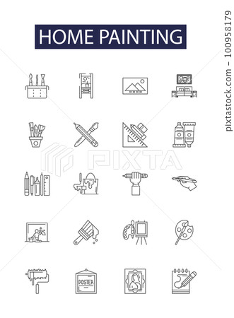 Home painting line vector icons and signs. Home, Interior, Exterior, Wall, Room, Colors, Brushes, Decorating outline vector illustration set 100958179