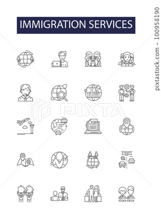 Immigration services line vector icons and signs. Services, Visa, Consultants, Lawyer, Processing, Applications, Residency, Green Card outline vector illustration set Immigration services line vector icons and signs. Services, Visa, Consultants, Lawyer, Processing, Applications, Residency, Green Card outline vector illustration set 100958190