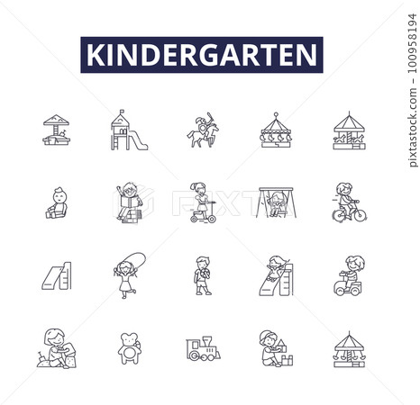 Kindergarten line vector icons and signs. Learn, Explore, Grow, Toys, ABCs, Numbers, Colors, Shapes outline vector illustration set Kindergarten line vector icons and signs. Learn, Explore, Grow, Toys, ABCs, Numbers, Colors, Shapes outline vector illustration set 100958194