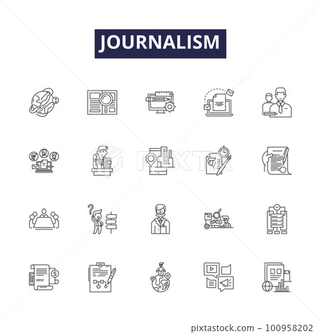 Journalism line vector icons and signs. News, Media, Story, Editor, Journalist, Writer, Reporting, Broadcast outline vector illustration set 100958202