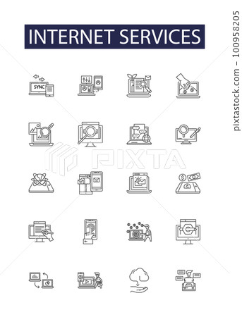 Internet services line vector icons and signs. services, web hosting, streaming, email, cloud, VoIP, file-sharing, DNS outline vector illustration set Internet services line vector icons and signs. services, web hosting, streaming, email, cloud, VoIP, file-sharing, DNS outline vector illustration set 100958205