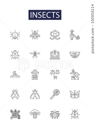 Insects line vector icons and signs. Flies, Ants, Wasps, Moths, Bees, Spiders, Mosquitoes, Crickets outline vector illustration set 100958214