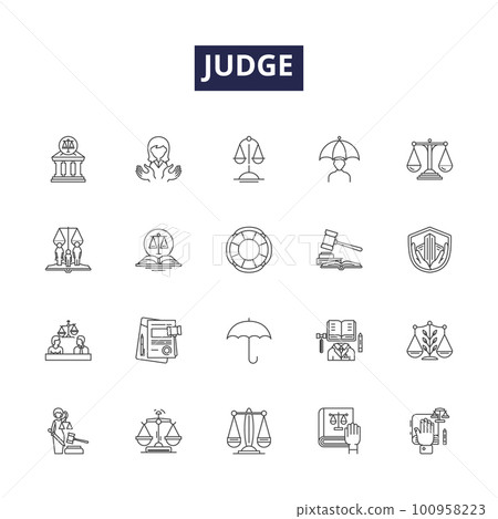 Judge line vector icons and signs. Decide, Assess, Umpire, Adjudge, Dictate, Juggle, Preside, Rule outline vector illustration set Judge line vector icons and signs. Decide, Assess, Umpire, Adjudge, Dictate, Juggle, Preside, Rule outline vector illustration set 100958223