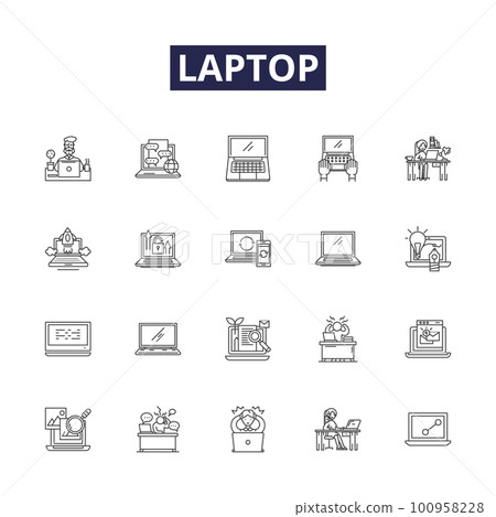 Laptop line vector icons and signs. Notebook, Ultrabook, Computer, MacBook, Chromebook, Tablet, Dell, Lenovo outline vector illustration set 100958228