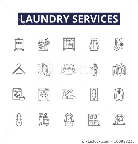 Laundry services line vector icons and signs. Washing, Ironing, Cleaning, Pressing, StainRemoval, Mending, Curtains, Pickup outline vector illustration set 100958233