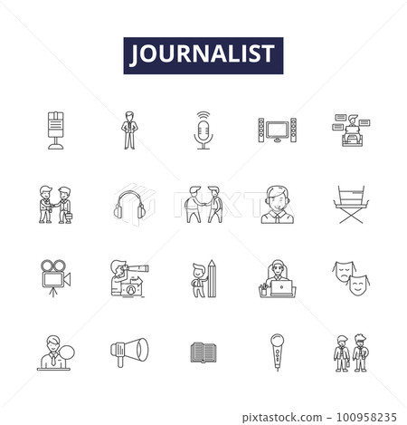 Journalist line vector icons and signs. Correspondent, Anchor, Media, Columnist, Scribe, Editor, Publisher, Newscaster outline vector illustration set 100958235