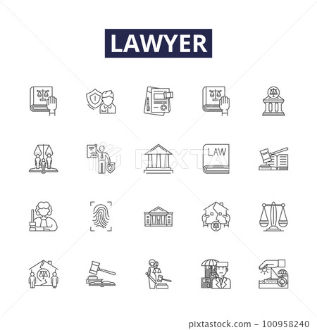 Lawyer line vector icons and signs. Attorney, Barrister, Solicitor, Counsellor, Mediator, Negotiator, Jurist, Jurisconsult outline vector illustration set 100958240