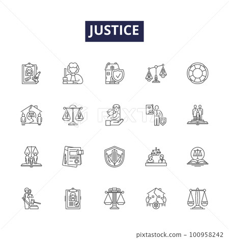 Justice line vector icons and signs. Equity, Fairness, Righteousness, Judge, Justice, Morality, Legality, Impartiality outline vector illustration set Justice line vector icons and signs. Equity, Fairness, Righteousness, Judge, Justice, Morality, Legality, Impartiality outline vector illustration set 100958242