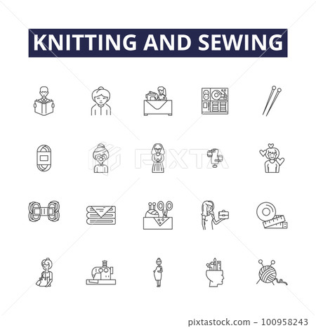 Knitting and sewing line vector icons and signs. Sewing, Needles, Fabric, Wool, Thread, Patterns, Crochet, Spool outline vector illustration set 100958243