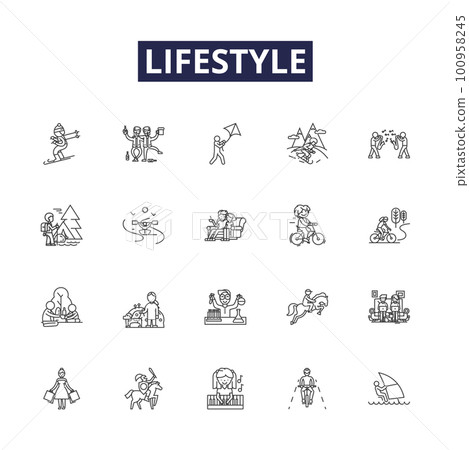 Lifestyle line vector icons and signs. Relaxed, Responsible, Wealthy, Sustainable, Balanced, Spiritual, Respectful, Frugal outline vector illustration set Lifestyle line vector icons and signs. Relaxed, Responsible, Wealthy, Sustainable, Balanced, Spiritual, Respectful, Frugal outline vector illustration set 100958245