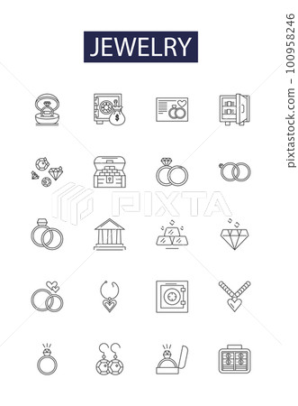 Jewelry line vector icons and signs. Ornaments, Charms, Necklaces, Rings, Bracelets, Earrings, Pendants, Lockets outline vector illustration set Jewelry line vector icons and signs. Ornaments, Charms, Necklaces, Rings, Bracelets, Earrings, Pendants, Lockets outline vector illustration set 100958246