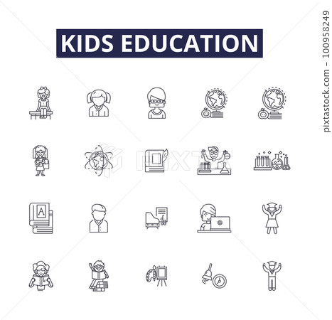 Kids education line vector icons and signs. childcare, curriculum, school, teaching, literacy, development, sports, discipline outline vector illustration set Kids education line vector icons and signs. childcare, curriculum, school, teaching, literacy, development, sports, discipline outline vector illustration set 100958249