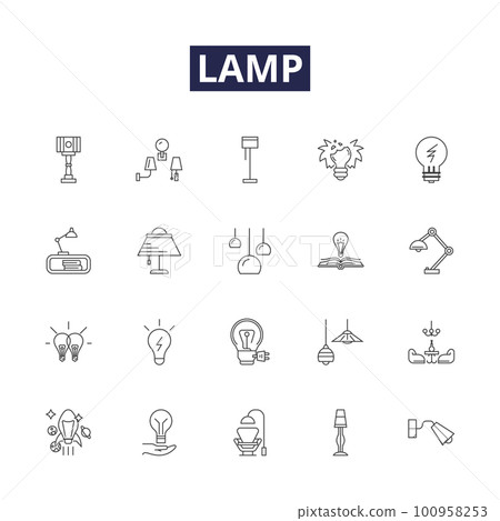 Lamp line vector icons and signs. Bulb, Table, Desk, Floor, Shade, Lampshade, Shade, Ceiling outline vector illustration set Lamp line vector icons and signs. Bulb, Table, Desk, Floor, Shade, Lampshade, Shade, Ceiling outline vector illustration set 100958253