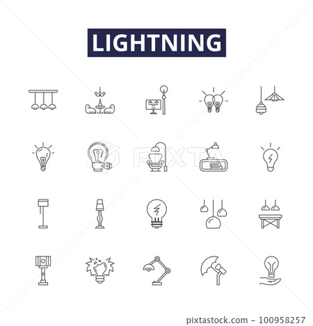 Lightning line vector icons and signs. Bolt, Flash, Flicker, Strike, Thunder, Illuminate, Spark, Plasma outline vector illustration set 100958257